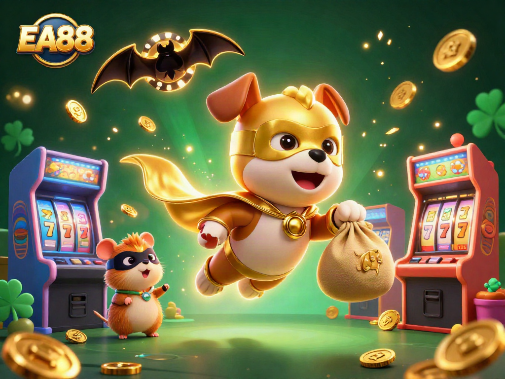 EA88 superhero dog flying with coins, surrounded by slot reels and vibrant gaming elements.