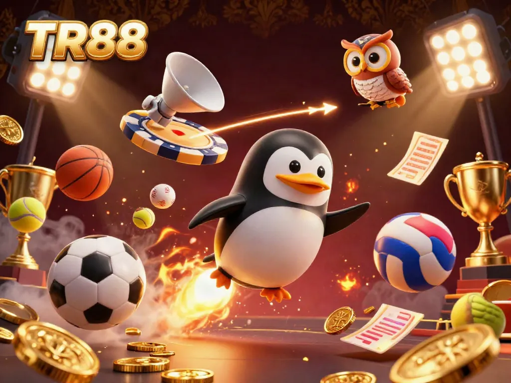 Experience thrills with TR88 in a dynamic casino-themed illustration featuring vibrant characters and games.