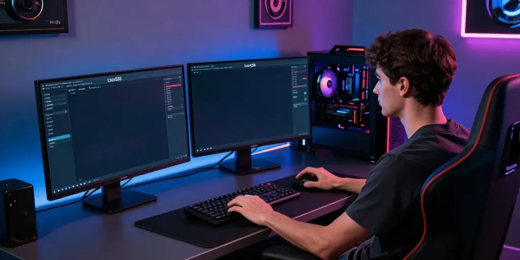 Player enjoying luxury333 slot game in a modern gaming setup with vibrant LED lighting and stylish decor.