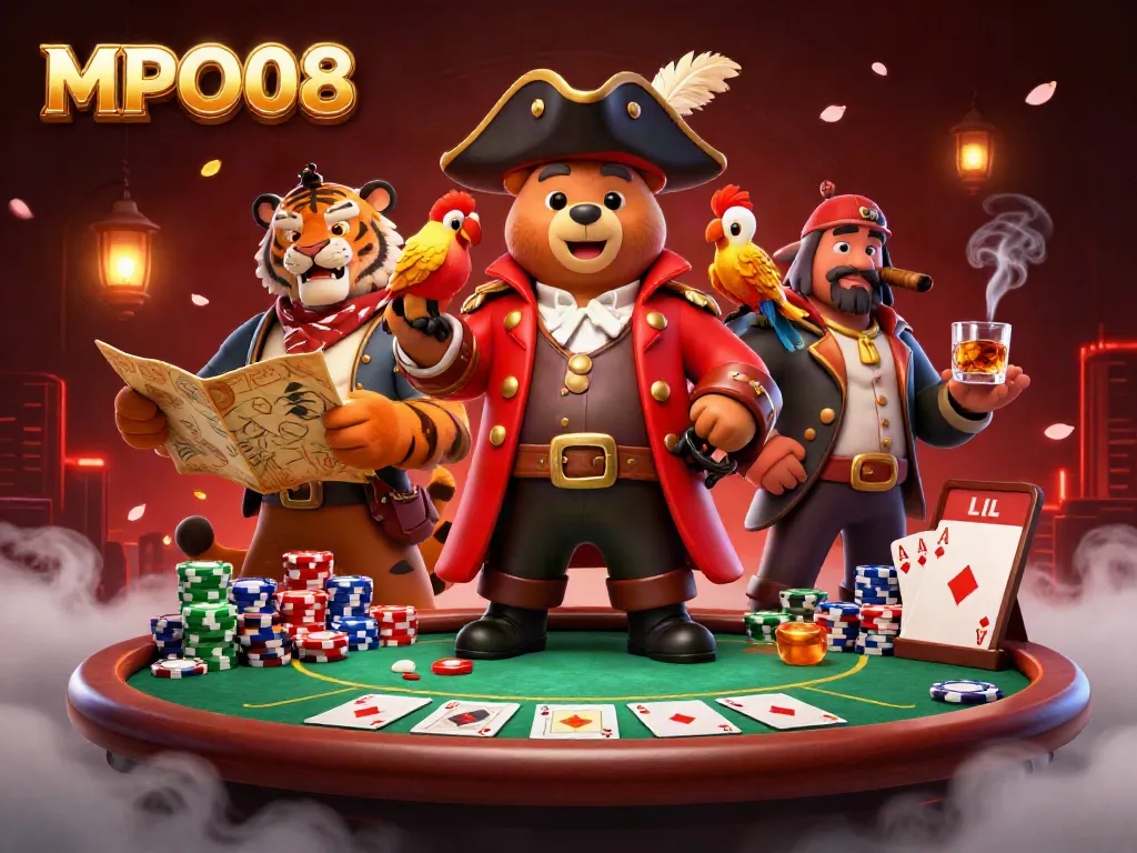 Join the excitement at MPO08 with this vibrant pirate-themed poker scene filled with colorful chips and characters.