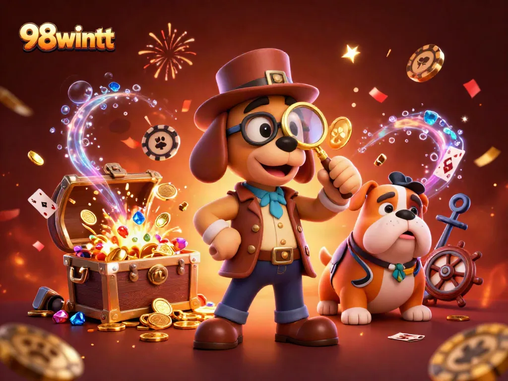 Win big at 98wintt with an engaging 3D illustration of casino elements and treasure clues.