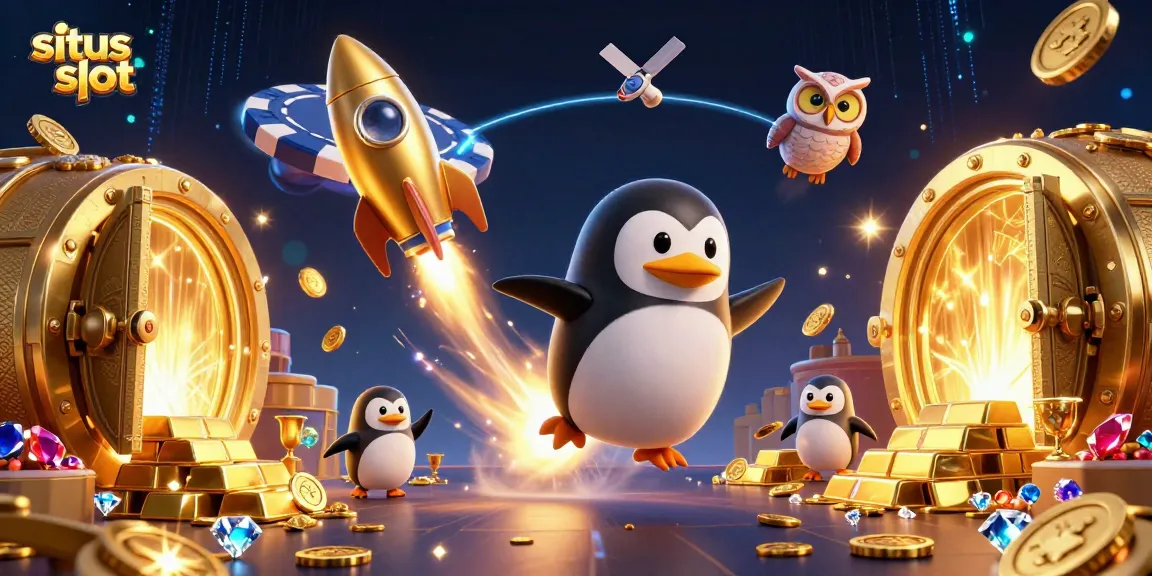Situs slot: Gambar ilustrasi kasino 3D dengan penguin emas terbang melawan latar belakang luar angkasa.