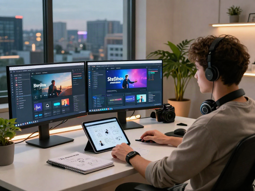 Pikashow streaming interface displayed in a modern workspace with city skyline views and creative elements.