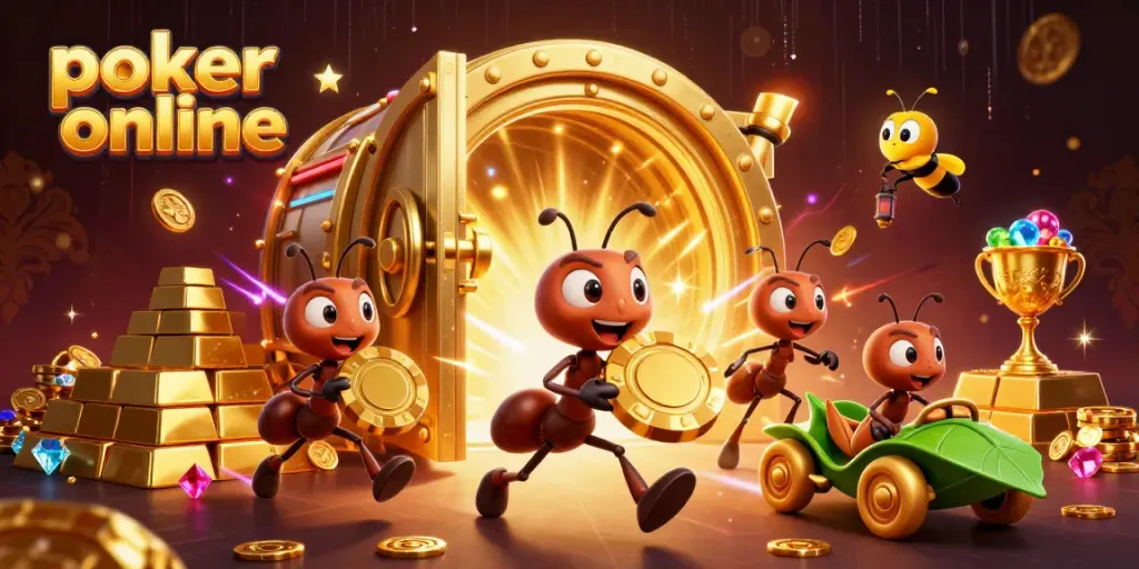 Engage in poker online adventures with animated ants and treasure in a vibrant heist scene.