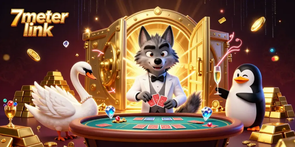 Engage with the 7meter link experience, featuring a lively baccarat table surrounded by glamorous characters.