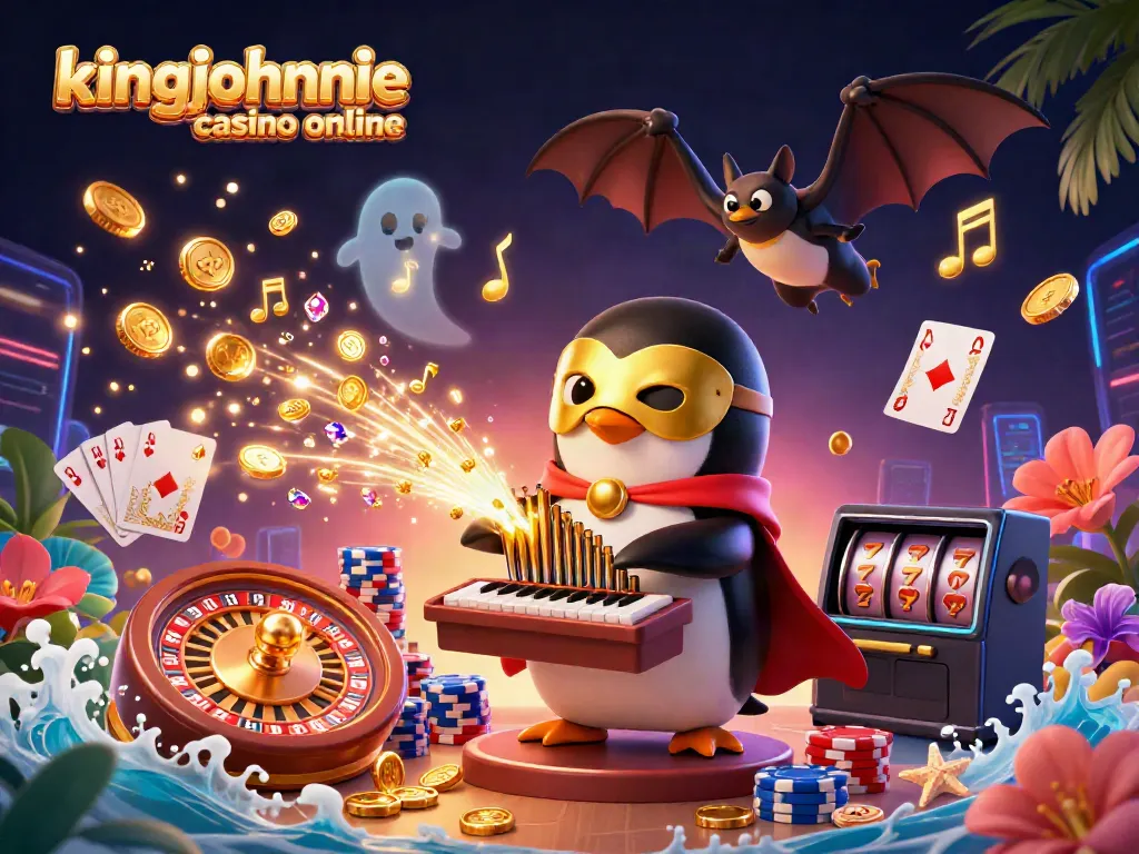 Experience the excitement of kingjohnnie casino online with a vibrant 3D illustration featuring whimsical casino elements.