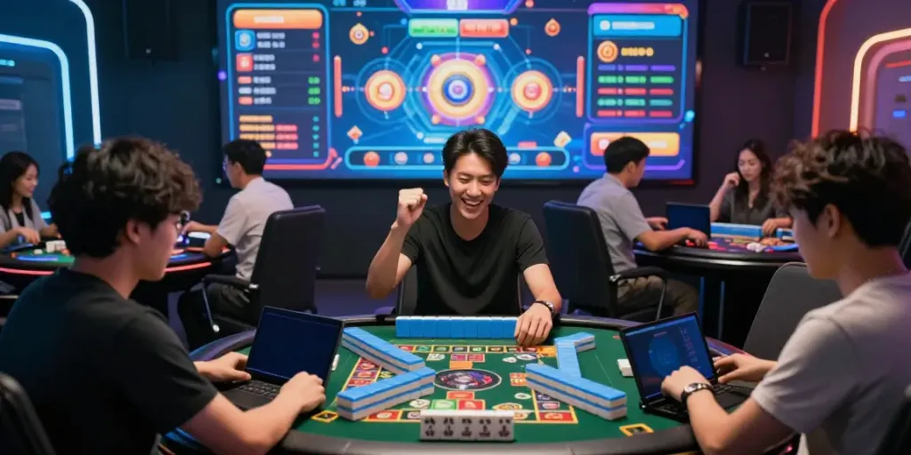 Engaging scene of players enjoying the CIKA4D digital Mahjong platform, showcasing excitement and a vibrant gaming atmosphere.