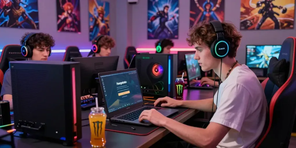 Hargatoto login screen displayed on laptop in a vibrant gaming room.