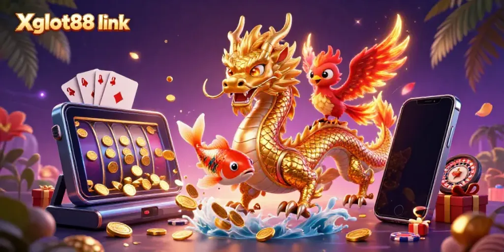 Menangkan permainan dengan Xgslot88 link, ilustrasi kasino online dengan naga dan phoenix.