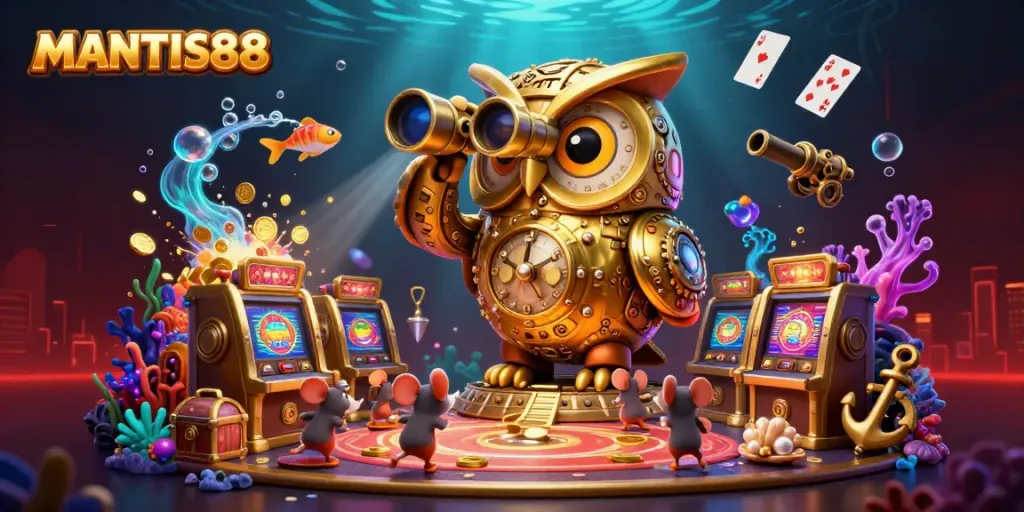 Experience the thrilling MANTIS88 casino with a golden owl and lively underwater elements in a vibrant 3D scene.