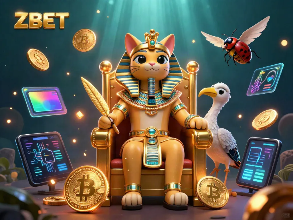 Experience exciting gaming at ZBET with a vibrant 3D illustration featuring an Egyptian pharaoh cat, crypto coins, and dynamic casino elements.