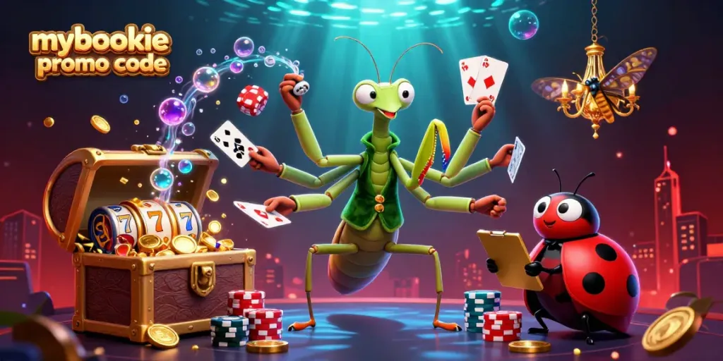 Win with the mybookie promo code through a vibrant casino scene featuring a giant mantis and ladybug.