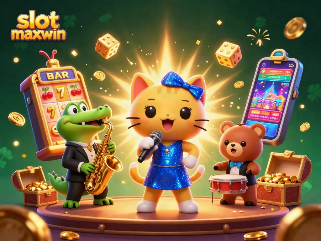 Experience the thrill of slot maxwin with vibrant cartoon characters celebrating wins in a lively casino.