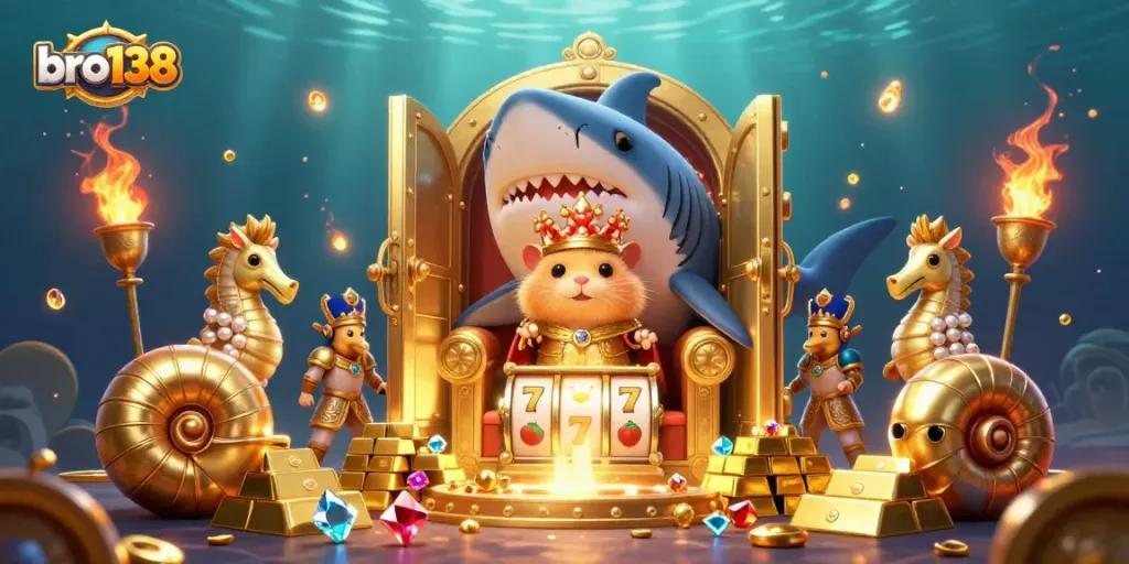 Experience excitement at bro138 with a miniature golden hamster king amid shimmering treasures and slot reels.