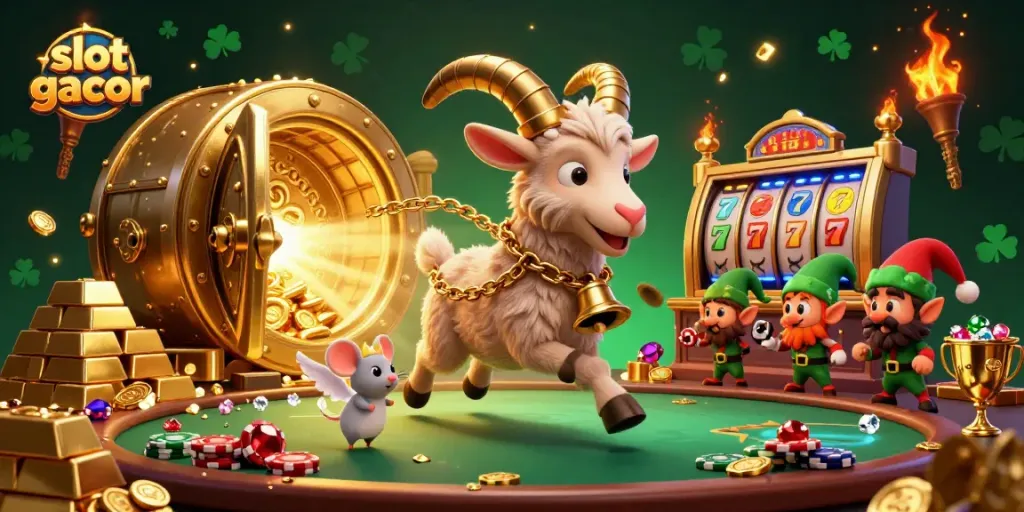 Engage in slot gacor excitement with a whimsical 3D illustration depicting a festive casino scene full of lively characters and treasures.