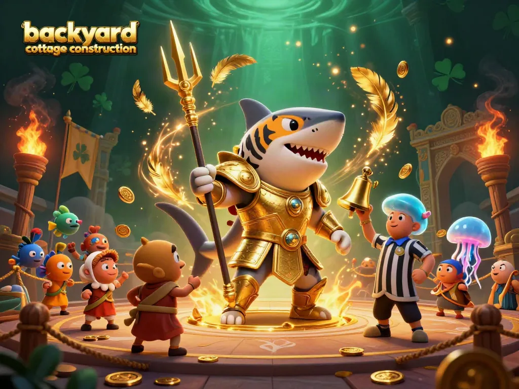 Engaging backyard cottage construction scene featuring a tiger shark gladiator in a vibrant casino-style atmosphere.