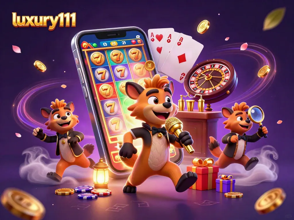 Engage with luxury111's exciting atmosphere featuring 3D hyenas delivering comedy while showcasing vibrant slot games and rich casino elements.