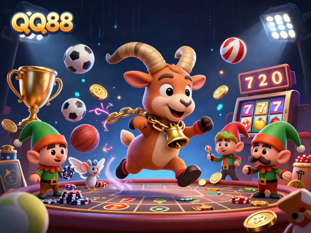 Engage with QQ88's dynamic casino scene featuring festive characters in a lively gaming environment.