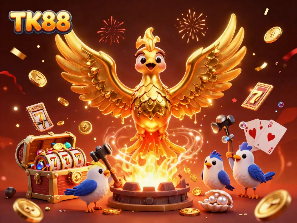 Experience thrilling wins at TK88 with a golden phoenix and vibrant casino elements.