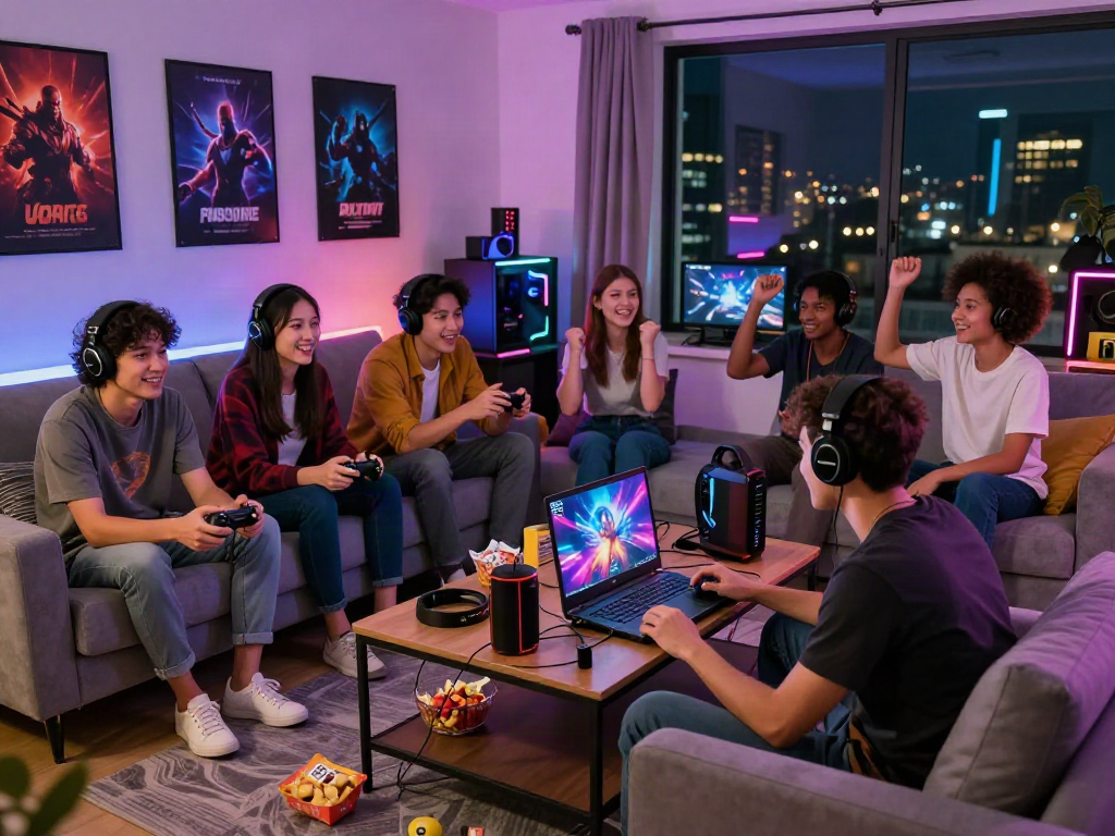 Engaged friends playing porngames in a cozy living room filled with gaming gear.