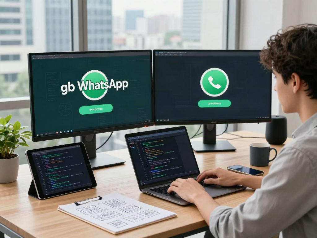 Professional setting where a user configures gb WhatsApp on dual monitors, showcasing a modern workspace with tech gadgets.