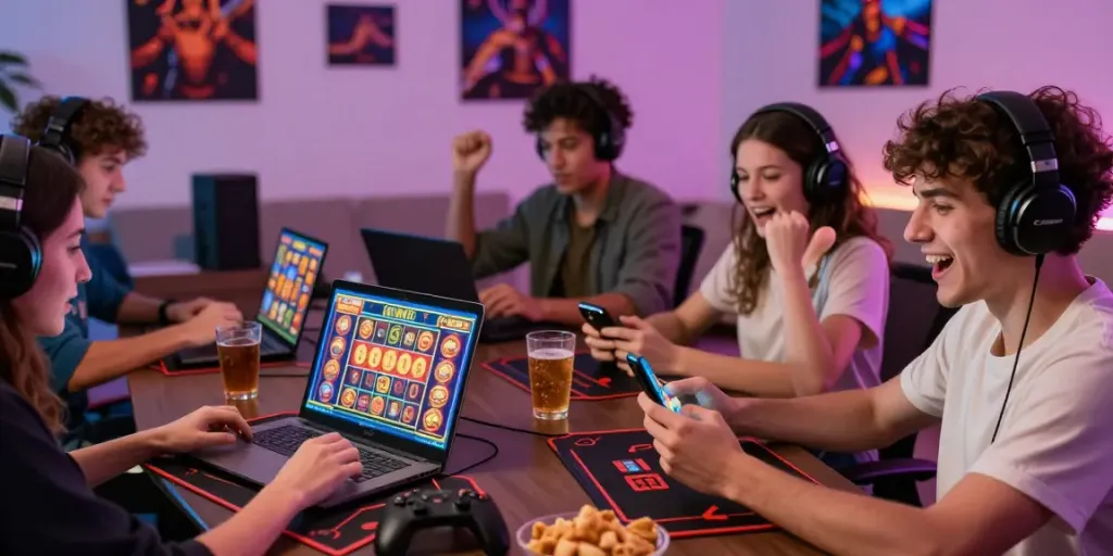Friends celebrating a big win with link alternatif proplay88 on their devices in a lively gaming atmosphere.