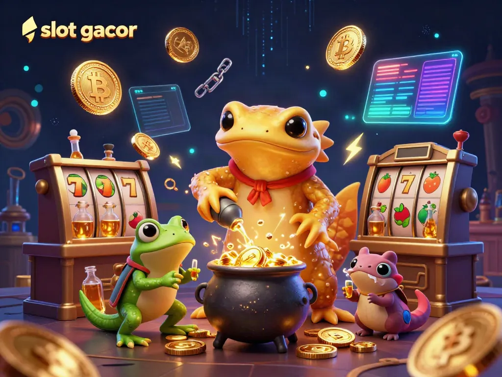 Engaging illustration of a slot gacor scene with a golden salamander creating jackpots in a magical laboratory.