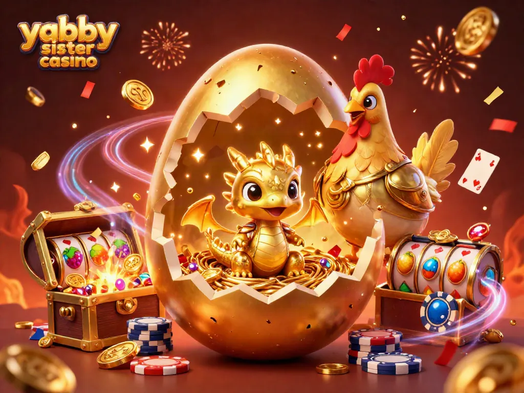 Experience the excitement of the yabby sister casino with a golden dragon guarding poker chips in a vibrant scene.
