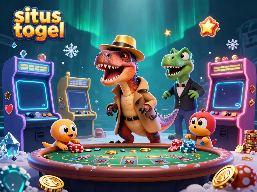 Experience the excitement of situs togel with animated dinosaurs in a vibrant casino scene.