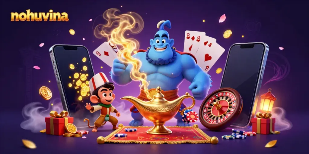 Experience exciting slots with nohuvina featuring a powerful genie, poker chips, and vibrant game elements.
