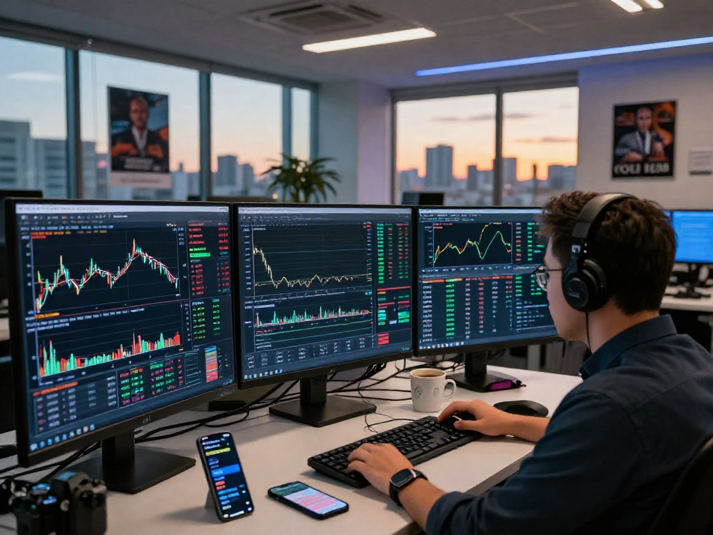 Trader analyzing market data on MetaTrader 5 in a modern finance office.