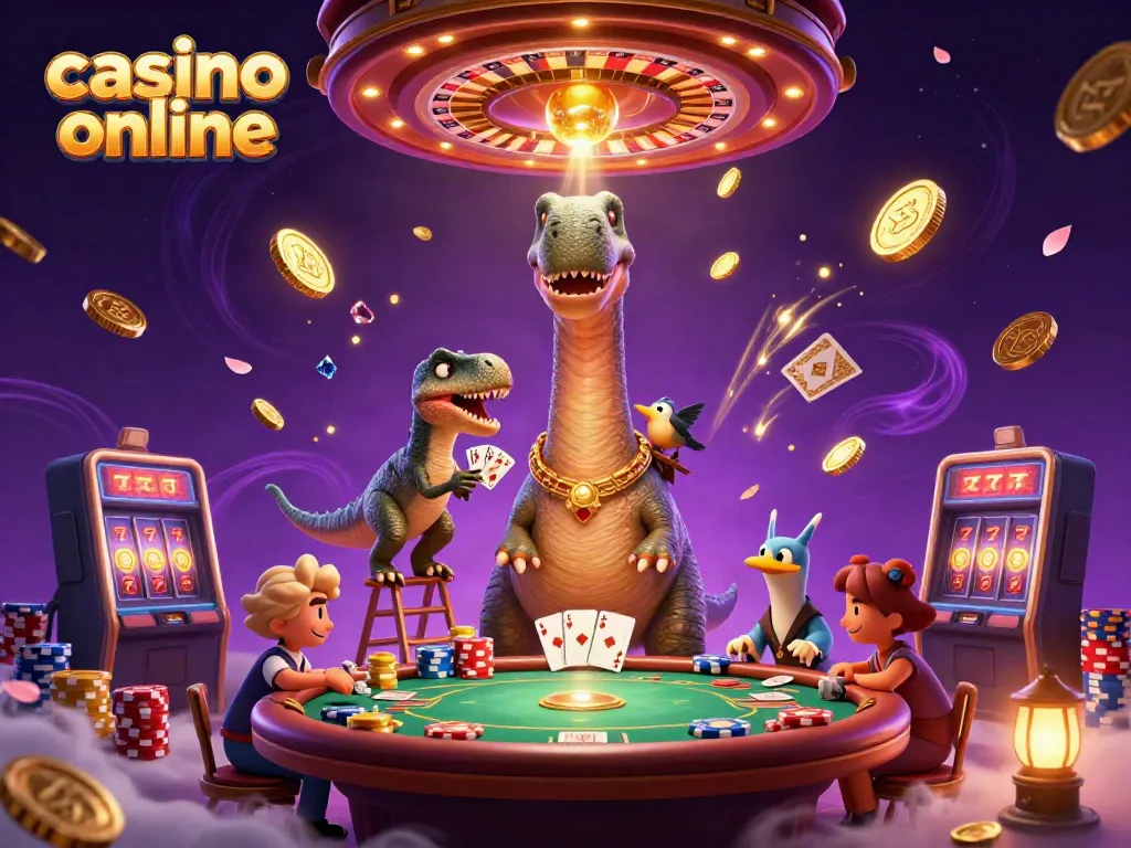 Experience a whimsical casino online scene with a brontosaurus and clever raptor amidst vibrant gaming elements.