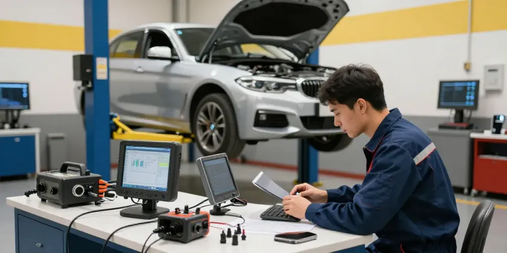Technician in automotive workshop performing maintenance at a bmw werkstatt hannover.