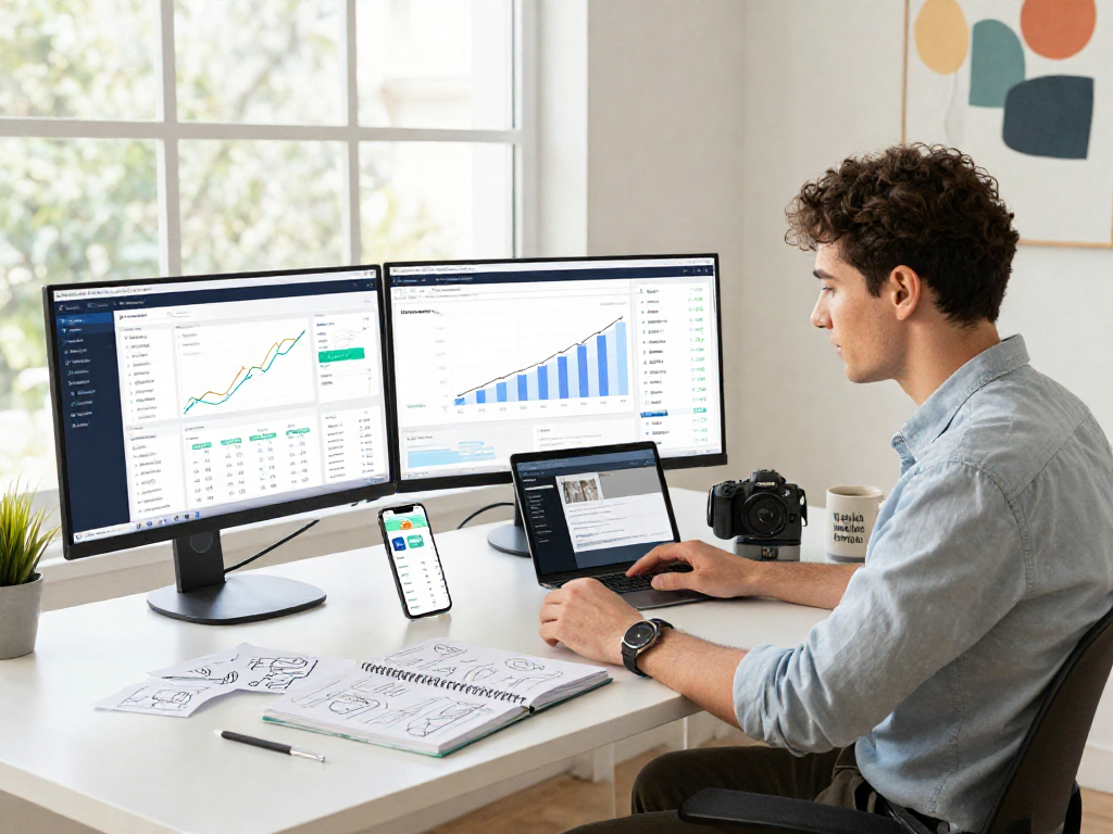 Buy app install strategy session in a digital marketing workspace with analytics and testimonials.