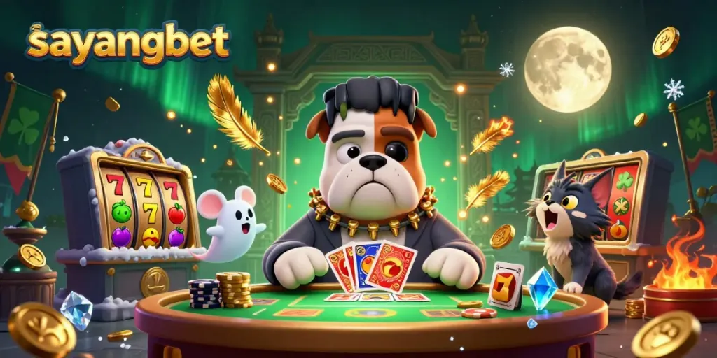 Experience the thrill of sayangbet with an engaging 3D illustration featuring casino elements and vibrant characters.