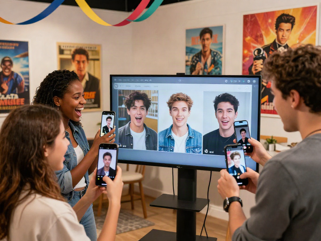Group excitedly finds their celebrity look alike using a modern app in a bright studio.