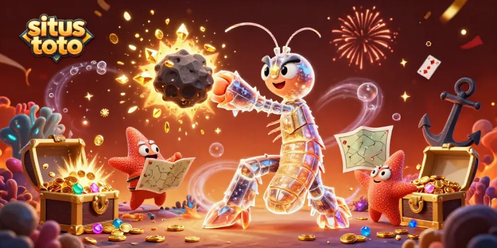 Situs toto showcases a galactic samurai mantis shrimp striking through space, amidst exploding treasures.