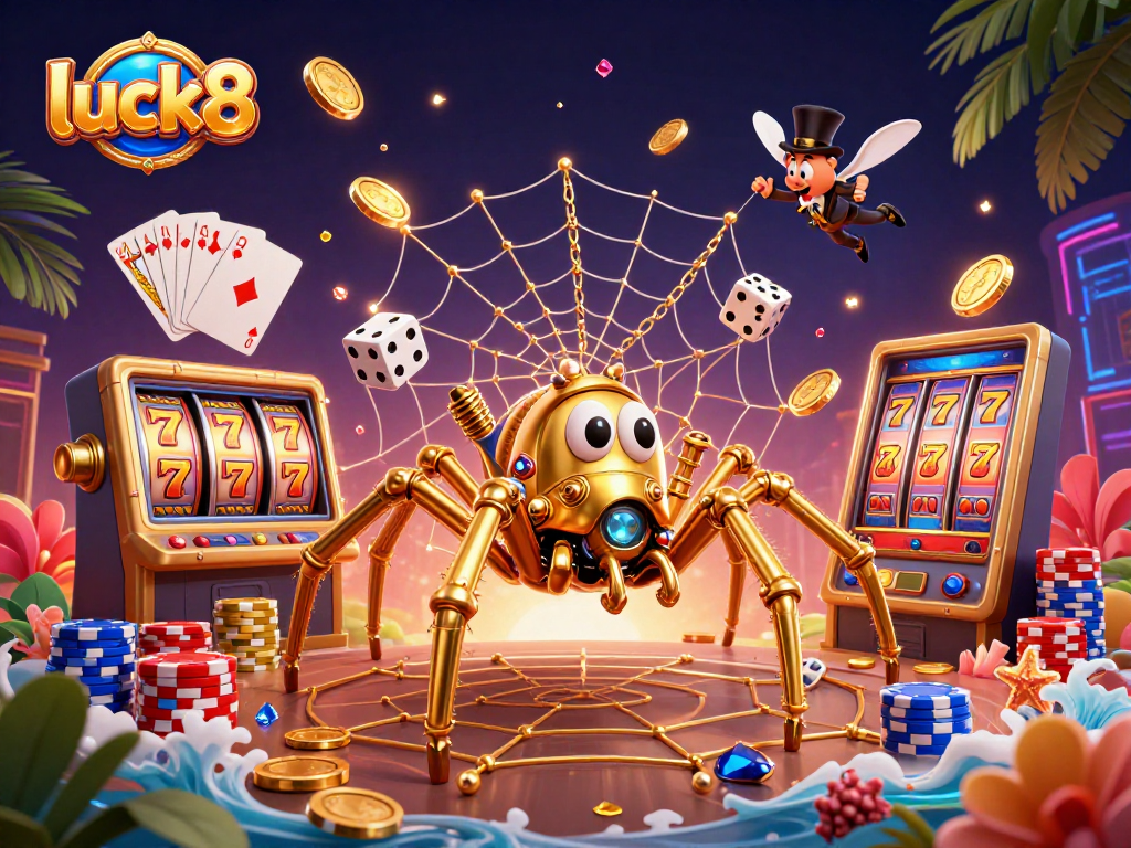 Catch the excitement of luck8 with vibrant 3D casino art showcasing slot reels, golden coins, and playful characters.