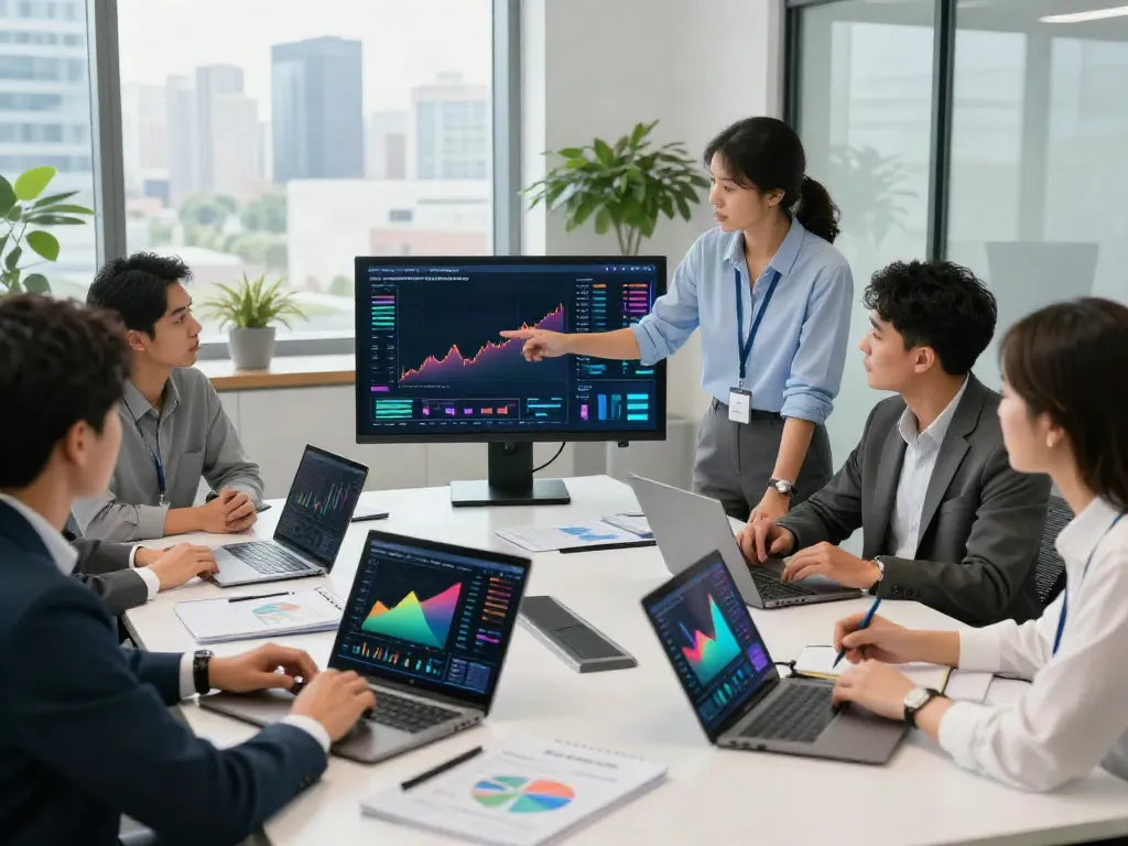 Team of analysts discussing the largest US banks' performance in 2026, with financial data charts visible.