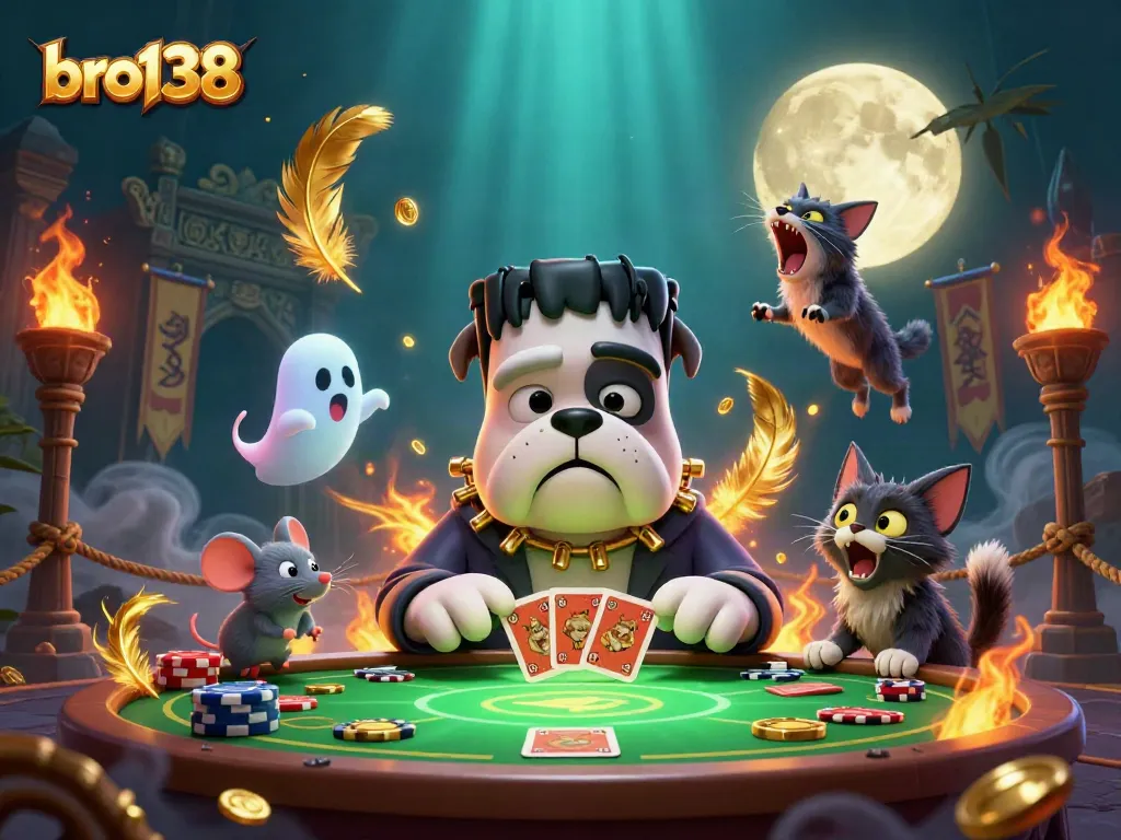 bro138 features a lively casino scene with a Frankenstein bulldog dealing cards surrounded by glowing coins and a ghost mouse.