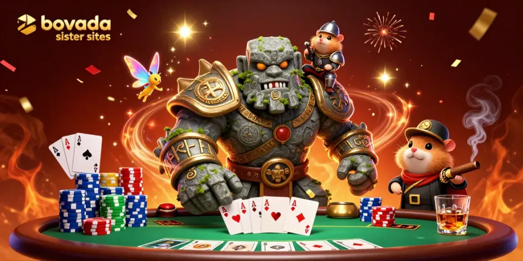 Explore Bovada sister sites with a magical scene featuring a golem, fairy, and hamster knight at a poker table.