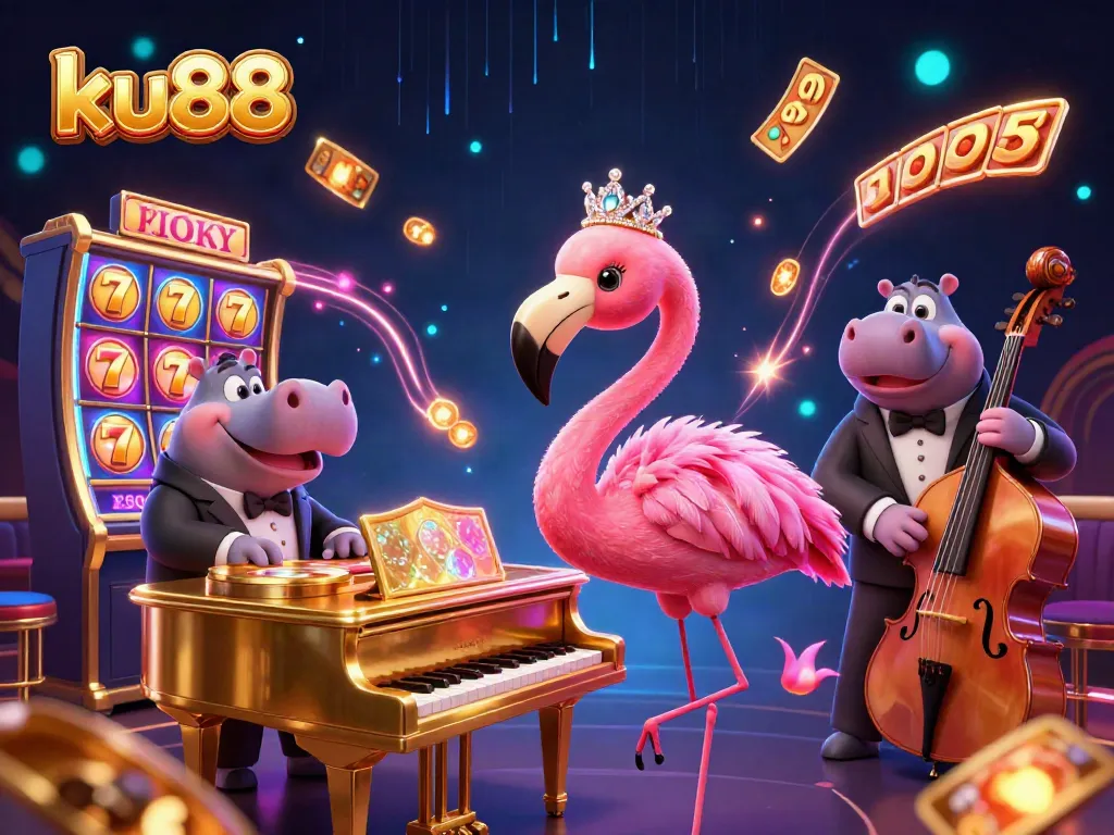 Experience the thrill of ku88 with a vibrant 3D casino scene featuring flamingo singers and dazzling jackpots.