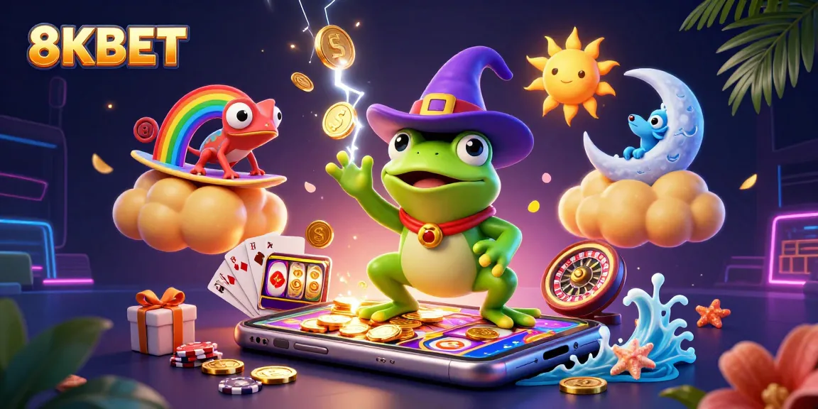 Experience the thrill of 8KBET with magical elements and games unfolding in a vibrant casino scene.