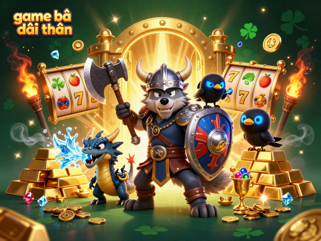 Play game bài đổi thưởng with a Viking wolf warrior, fierce dragon, and treasure elements in an exciting casino scene.