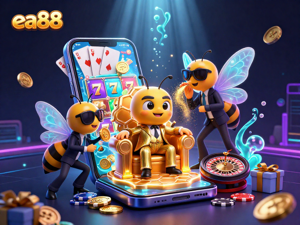 ea88 spins vivid slot games in a bustling throne room with a charming bumblebee mob boss.