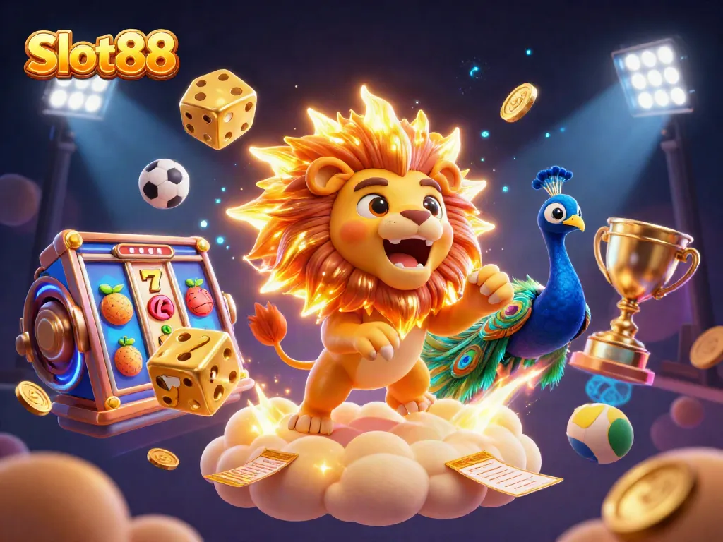 Engage in thrilling gameplay with Slot 88, featuring vibrant scenes of slots, golden reels, and dynamic characters.