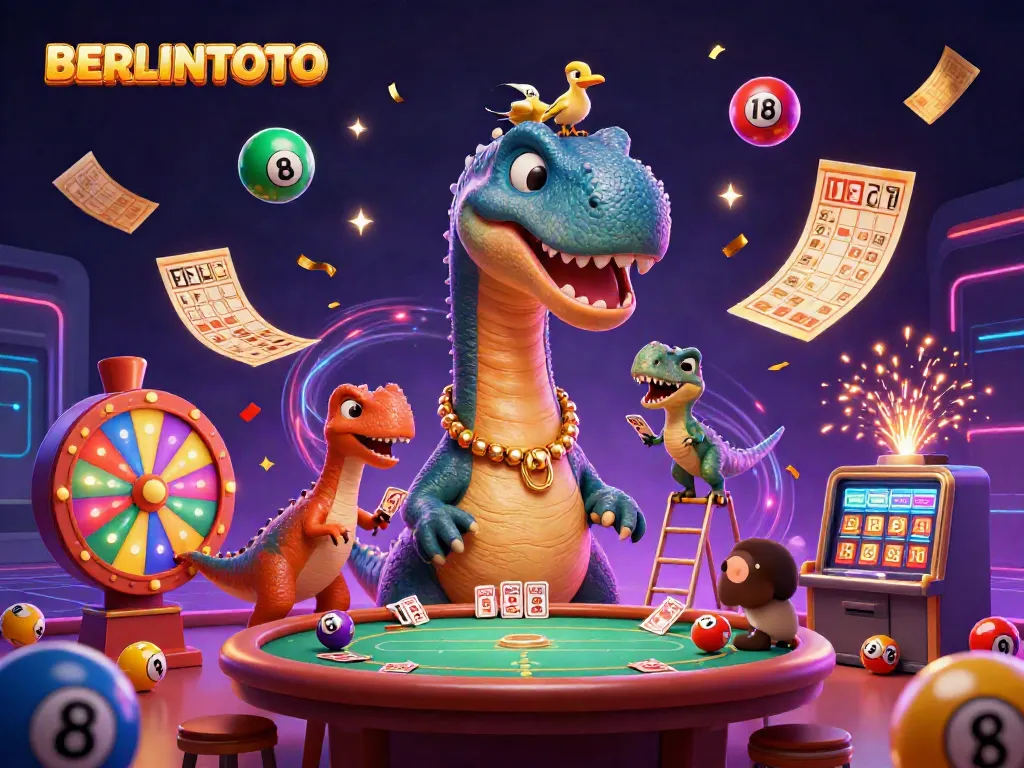 BET ON BERLINTOTO with colorful lottery elements, a dinosaur, and festive decorations in a vibrant casino scene.