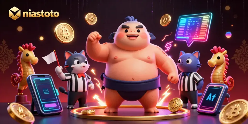 Engage with niastoto's colorful 3D underwater casino scene featuring cryptocurrency elements and vibrant characters.