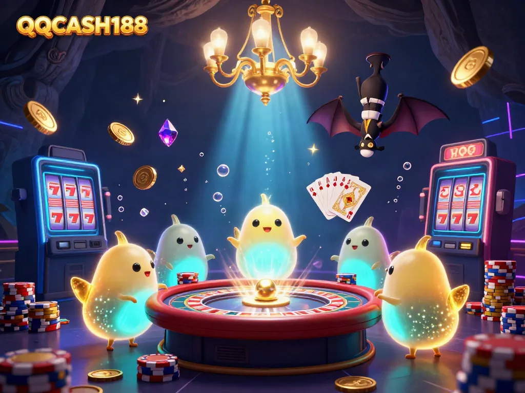 Experience high stakes gaming at QQCASH188 with vibrant glowworms illuminating a cave casino.