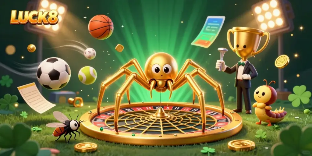 Experience LUCK8 excitement with a cartoon scene of a golden spider spinning a roulette wheel and sports-themed decor.
